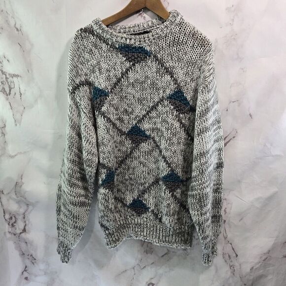 Vintage Sweater Mens Large Gray Blue Crew Neck 90s 80s Abstract Oversized - Picture 1 of 9